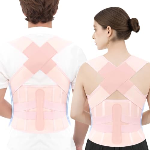 Posture Corrector for Women and Men, Back Brace with Lumbar Support Panel and Adjustable Shoulder Support, Full Back Support Posture Trainer, Back Straightener for Upper Back, Lower Back Support, Rounded Shoulders, Slouching, Hunchback Corrector (Pink,... by Cmipeob