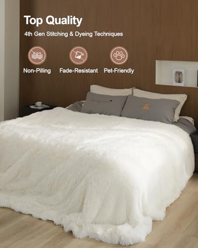 Pawque Luxury Faux Fur Sherpa Fleece Throw Blanket 90x90 inches, Cream - Image 4
