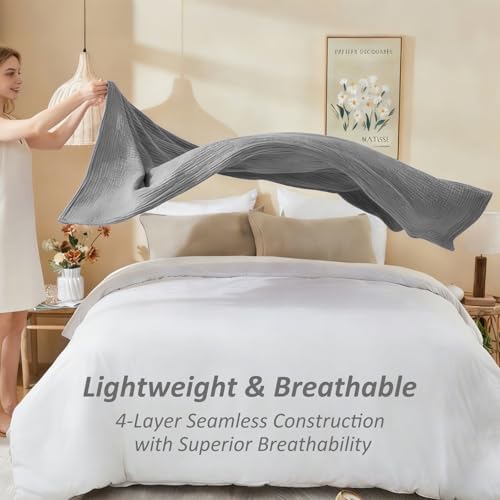 EMME Cotton Muslin Queen Blanket Bed Layering Bedspread Coverlet Breathable Gauze Soft Lightweight Blankets (Heather Grey, 90"x90") - Image 3