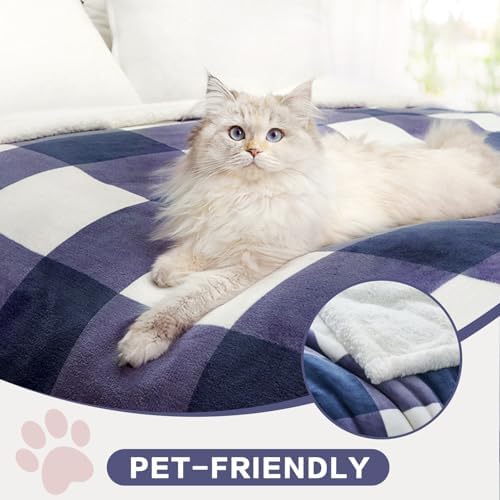 PU MEI Sherpa Blanket Fleece Throw Blanket Full Queen Plaid Thick Bed Blanket, Soft Warm Cozy Blue Checkered Throw Blanket 80"*90" - Image 3