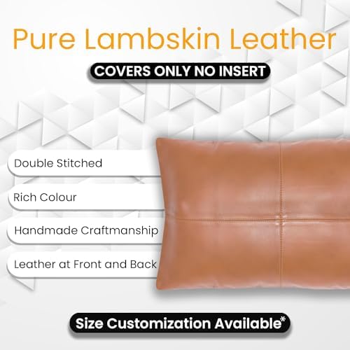 LL LEATHER LOVERS 100% Lambskin Leather Pillow Cover - Sofa Cushion Case - Decorative Throw Covers for Living Room & Bedroom, Camel Antique Plane Pack of 2-10X18 Inch - Image 2