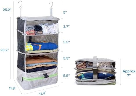 Grand Fusion Stow-N-Go Portable Hanging Travel Shelves, Packing Organizer for Luggage. Carry on Closet with Hanger for Clothes. Expandable Packing Cube. Travel Essentials, Light Gray - L - Image 2