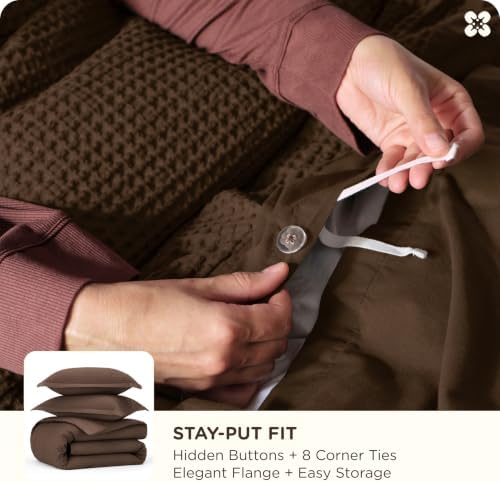 Bedsure PureWoven 3 Pieces 100% Cotton Waffle Weave Duvet Cover Set, Brown - Image 5