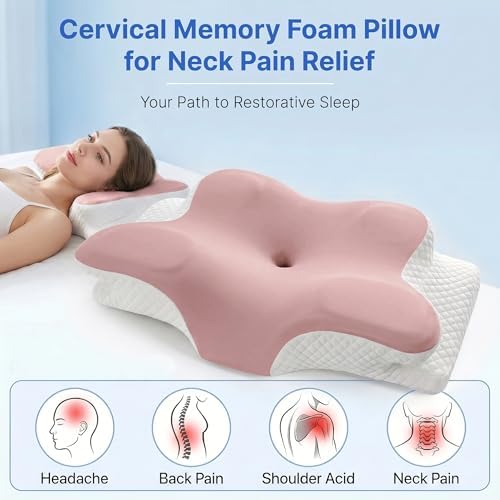 Cervical Pillow for Neck Pain Relief, Orthopedic Memory Foam Pillow with Cooling Cover, Contour Ergonomic Support for Side Back Stomach Sleepers (Pink) - Image 4