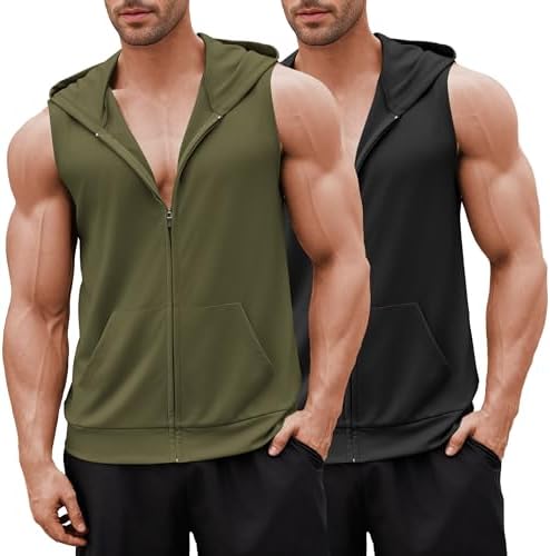 COOFANDY Men's Workout Hooded Tank Tops 2 Pack Zip Up Sleeveless Gym Shirts Muscle Cut Off T Shirt Bodybuilding Hoodies by COOFANDY