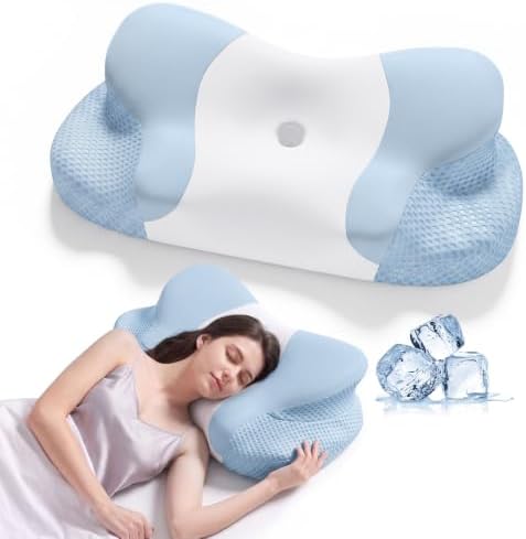 Cervical Pillow for Neck and Shoulder Pain Relief, Ergonomic Contour Memory Foam Pillows with Breathable Ice Silk Cover, Orthopedic Bed Pillow for Side Back Stomach Sleeper (Blue) by XIEEAOZEE