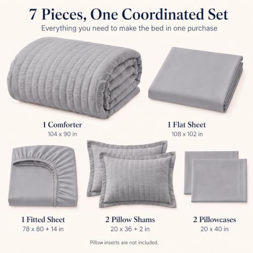 CozyLux King Size Comforter Set, 7 Pieces Grey Seersucker Bed in a Bag - Image 2