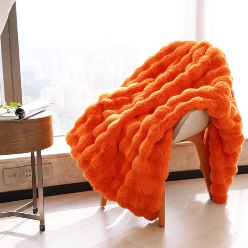 DREAMNINE Soft Faux Bubble Rabbit Fur Throw Blanket for Couch, Thick Cozy Decorative Warm Fuzzy Fur Blanket for Sofa Chair Bedroom Living Room Dorm Gift, 50 * 60 Inches, Orange - Image 6