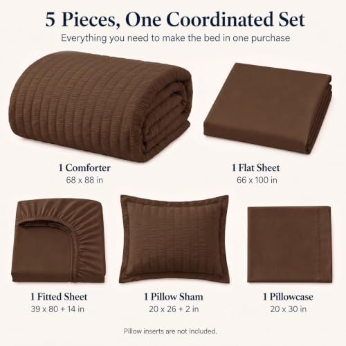 CozyLux Twin XL Comforter Set, 5 Pieces Brown Seersucker Bed in a Bag - Image 2