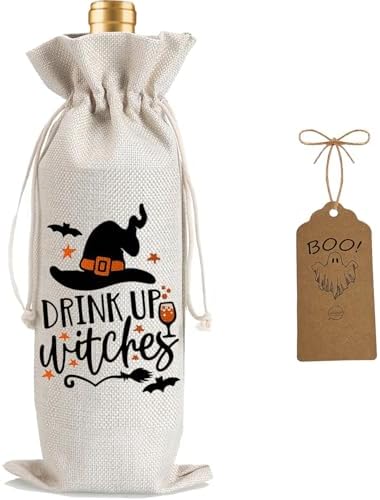 1Pcs Drink Up Witches Gifts Wine Bag,Halloween Wine Bag Halloween Gifts Party Decorations for Women Men with 1Pcs Kraft Blessing Cards and natural jute rope - Image 6