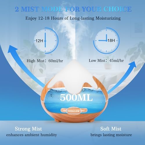 500ML Essential Oil Diffuser, Aromatherapy Diffuser with Remote Control, Multifunctional Air Diffusers for Home Office Room, Fragrance Aroma Diffuser with 7 Color LED & 2 Mist Mode, Light Brown - Image 3