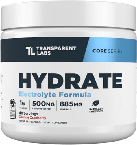 Transparent Labs Hydrate Sugar Free Electrolytes Powder - Hydration Powder Electrolytes with Coconut Water, Calcium, Taurine, & Potassium - 40 Servings, Orange Cranberry by TransparentLabs