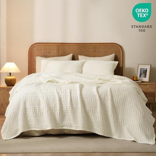 PHF Lightweight 100% Cotton Waffle Blanket for Bed, King, Cannoli Cream - Image 5