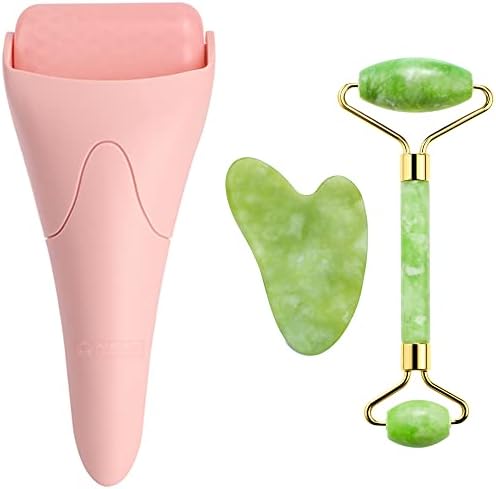 AECW 3-in-1 Natural Jade Roller and Gua Sha Set for Face and Eye Ice Roller Facial Cooling Massage Roller by AECW