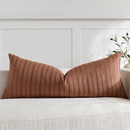 DEZENE 14x36 Rust Lumbar Pillow Covers Soft Striped Corduroy Fall Christmas Rectangular Long Body Pillow Cases for Couch Sofa Bedroom Living Room Home Decor by DEZENE