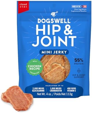 DOGSWELL Hip & Joint Mini Jerky Dog Treats, Chicken Breast, 4 oz. Pouch by Dogswell