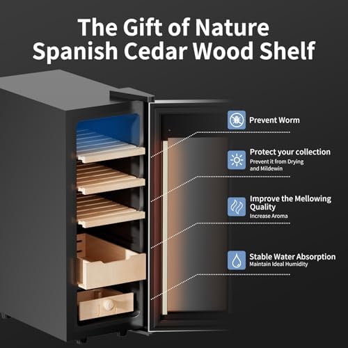 KingChii Upgrade 35L Electric Temperature & Humidity Control Cigar Humidor, Built-in Humidification System with Spanish Cedar Wood Shelves & Drawer Hygrometer Gifts For Men(250 Capacity) - Image 5