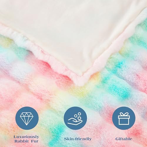 DREAMNINE Soft Faux Bubble Rabbit Fur Throw Blanket for Couch, Thick Cozy Decorative Colorful Warm Fuzzy Fur Blanket for Sofa Chair Bedroom Living Room Dorm Women Gift, 50 * 60 Inches, Rainbow - Image 5