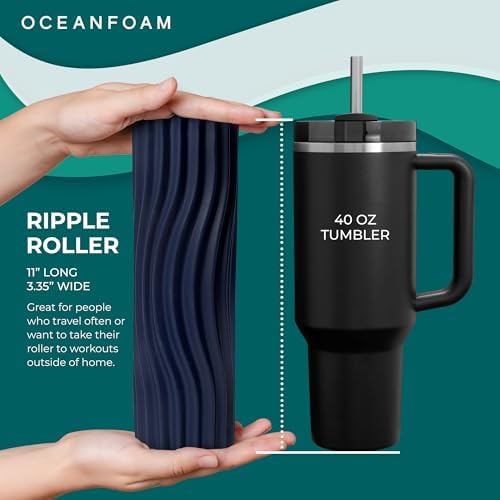 Oceanfoam Ripple Travel Foam Roller (11" x 3.35") Firm Mini Foam Roller for Physical Therapy, Deep Tissue Massage, Back Pain, High Density, Ergonomic Wave Textured, Yoga, Pilates, Exercise (Dark Navy) - Image 2