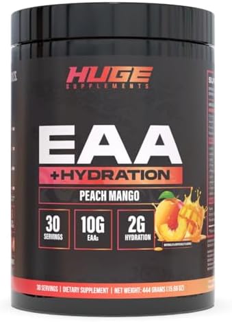 Huge EAA + Hydration, Essential Amino Acids Powder, EAAs & BCAAs, Intra & Post Workout Recovery Powder, Muscle Growth, Recovery & Performance, 10g EAAs & Electrolytes, Peach Mango, 30 Servings by HugeSupplements%7CPre-WorkoutsCreatineBodybuildingSupplements