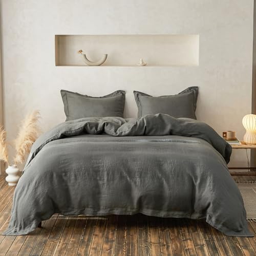 Simple&Opulence 100% Linen Duvet Cover Set with Crossed Embroidery Washed - 3 Pieces (1 Duvet Cover with 2 Pillow Shams) Soft Breathable Farmhouse - Cushing Green, Queen Size by SimpleOpulence