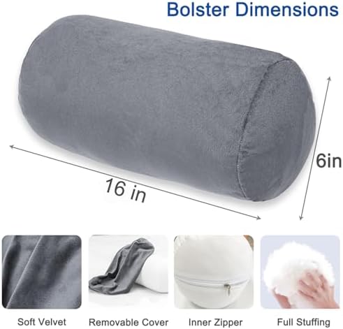 1 MIDDLE ONE Bolster Pillow with Removable Velvet Cover, Round Cylinder Neck Roll Pillow for Head, Back, Leg Support, Decorative Bed and Couch Pillow 16 x 6 Inches (Grey) - Image 2