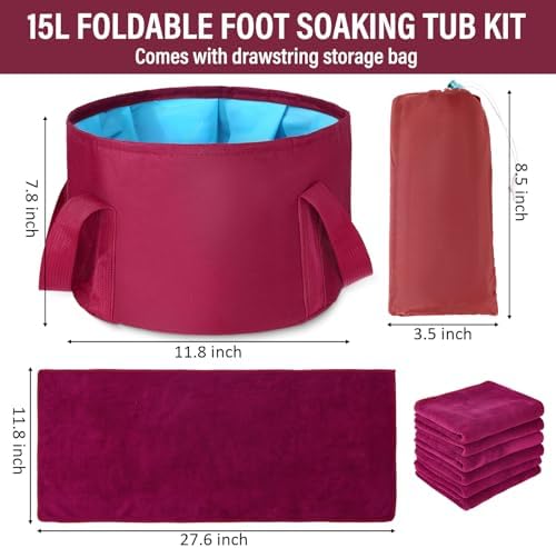 FillTouch 12 Pcs 15L Foldable Foot Soaking Tub Kit Portable Foot Bath Tub for Soaking Feet with Towel and Storage Bag Soak Spa Bucket for Travel Camping (Claret) - Image 2