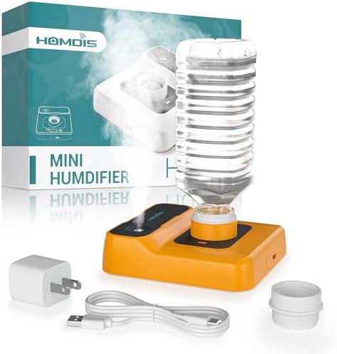 Travel Humidifier, Portable Small Humidifier for Plants, Bedroom, Office, Hotel or Car, Battery Operated Mini Cool Mist Humidifiers, Quiet 23dB, Auto-off, Night Light & BPA-Free, Orange by HOMDIS