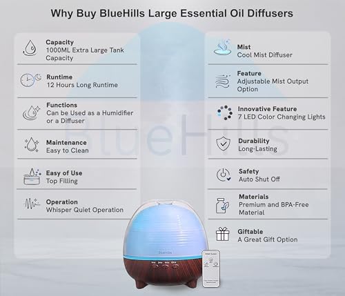 BlueHills 1000 ML Essential Oil Diffuser Humidifier Remote Large Dark Wood - Image 2