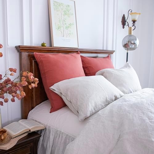 Simple&Opulence 100% French Linen Euro Shams with Embroidery (26'' x 26'') - Pack of 2 - Pre Washed Solid Color Natural Flax Soft Breathable - Coral Red - Image 6