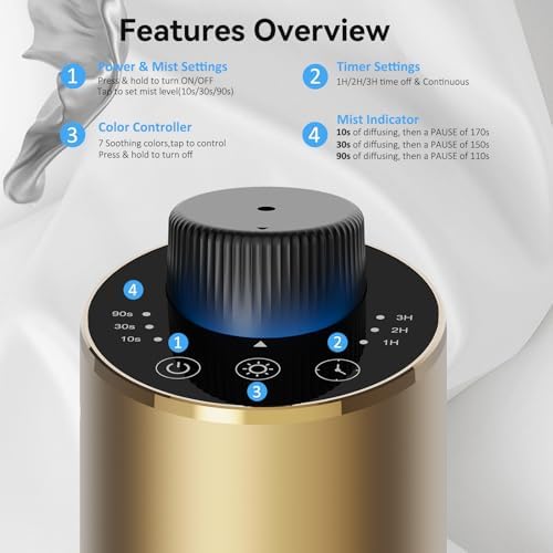 Waterless Essential Oil Diffuser Aromatherapy Scent Diffusers for Home Large Room, Bedroom, Car, Office, Desk, Battery Operated Mini Portable Air Freshener, 3 Countdown Timers & 3 Mist Levels, Gold - Image 2
