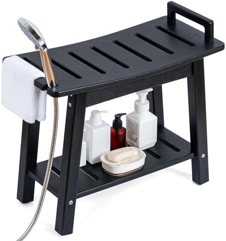 FLyjoe 24 INCH Extra Large Shower Bench for Inside Shower Shaving Legs, Waterproof HDPE Shower Chair Seat with Storage Shelf and Handles Spa Shower Stool for Bath Tub Bathroom Use, Black by FLYJOE
