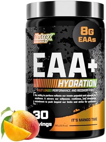 Nutrex Research EAA Hydration | EAAs + BCAA Powder | Muscle Recovery, Strength, Muscle Building, Endurance | 8G Essential Amino Acids + Electrolytes | 30 Servings It's Mango Time by NutrexResearch