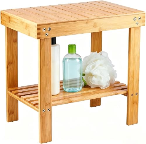 VaeFae Bamboo Shower Bench, Spa Bench Seat Stool, Foot Rest Shaving Stool with Non-Slip Feets and Storage Shelf, Works in Bathroom/Living Room/Bedroom/Garden Leisure by VaeFaeDirect