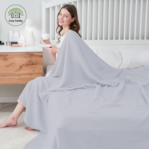 Cosy Family 4 Layer Muslin Bed Blanket - Breathable and Lightweight Gauze Boho Blanket for Spring, Soft 100% Cotton Muslin, Slate, 55x80 Inches - Image 4