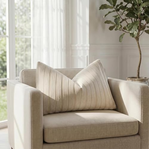 DEZENE 14x24 Taupe Lumbar Pillow Covers Soft Striped Corduroy Neutral Rectangular Throw Pillow Cases for Couch Sofa Bedroom Living Room Home Decor - Image 4