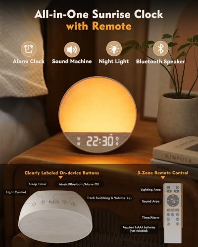 Sunrise Alarm Clock with Sound Machine, Bluetooth Speaker, Remote, Putty - Image 2