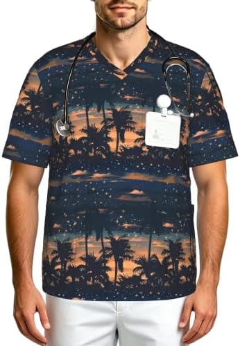 Men's Scrub Top,V-Neck Spill Wrinkle Resistant,3 Pockets-Tropical Starry Sky Palm Tree (4) by Unknown