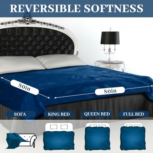 Tisancy King Size Waterproof Blanket for Bed Couch, 80'' x 80'' Double Side Leakproof Reversible Sherpa Flannel Fleece 3-Layer Lightweight Blanket, Absorbs 70oz(Navy Blue/White), Machine Washable - Image 2