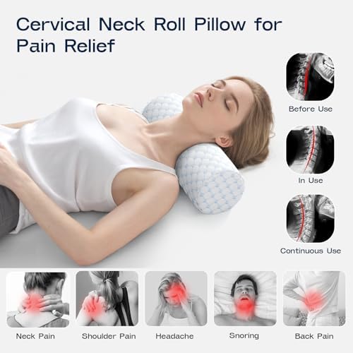 Neck Roll Pillow for Neck Pain Relief - Memory Foam Neck Support Pillow for Bed | Round Neck Pillow for Sleeping, 15.7 * 6 * 6 inch (Cool-Blue) - Image 4