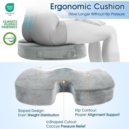 CloudBliss Ergonomic Seat Cushion & Lumbar Support Pillow Set, Light Grey - Image 6