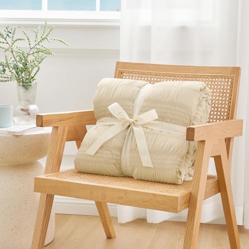 Cozy Bliss Striped Seersucker Cooling Comforter Queen Size, Lightweight Airflow Silky Cooling Bedding with Q-Max>0.45 for Bedroom, Home Decor, Hot Sleepers & Night Sweats, Khaki 90"x90" - Image 6