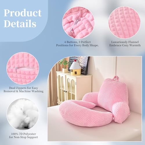 19" Reading Pillow for Bed,U Shaped Arm & Elbow Support,Pink Flannel - Image 6