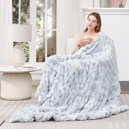 Touchat Ruched Rabbit Faux Fur Throw Blanket,Fluffy Soft Cozy,Tie-dye Blue - Image 4