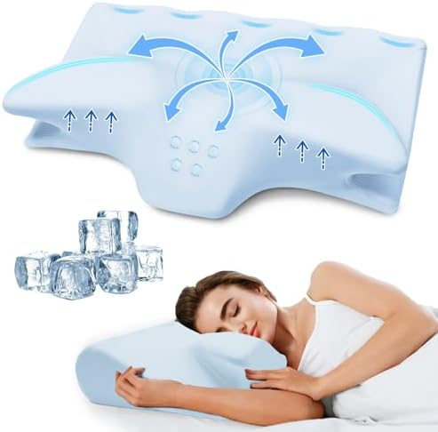 Cervical Pillow for Neck Pain Relief, Cooling Contour Memory Foam Pillows Support Odorless Ergonomic Neck Pillow Adjustable Orthopedic Bed Pillow for Side Back Stomach Sleeper with Pillowcase，Blue by SUFOR
