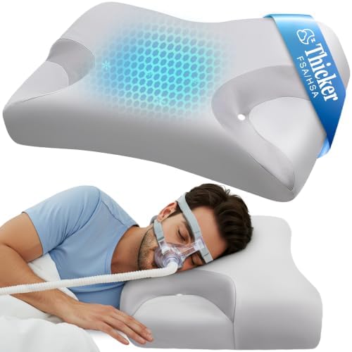 HSA/FSA CPAP Cervical Pillow for Side Sleepers–Reduce Mask Air Leaks & Pressure,Ergonomic Neck Support for Pain Relief,Dual-Height Memory Foam Pillow with Cooling Cover for Side,Back & Stomach Sleeper by IKSTAR