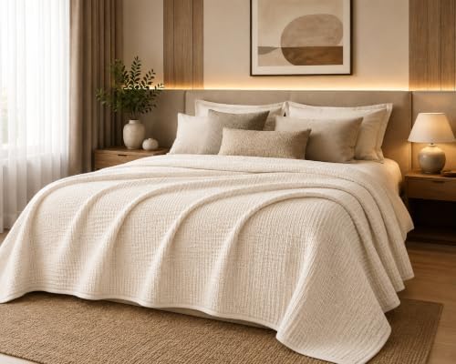HILLFAIR 100% Combed Cotton Blanket– California King Size Bed Blanket – Warm Soft All Season Breathable Blankets – 102 x 108 inch Extra Large Oversized California King Cotton Blankets for Bed- Ivory - Image 2