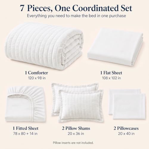 CozyLux Oversized King Comforter Set 120x98 in, 7-Piece White Seersucker - Image 2