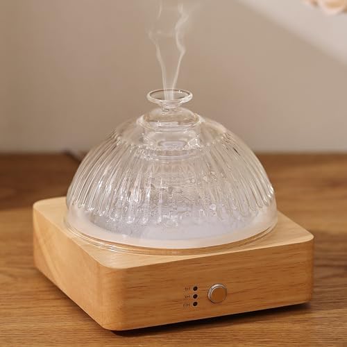 Lecdura Glass Essential Oil Diffuser with Glass Reservoir & WoodBase, 200ml Ultrasonic Lock Color Timer Auto-Off 7 Color Light Aroma Glass Dome Diffuser for Home Office Bedroom Yoga by Lecdura