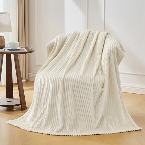 Bnuitland Fleece Throw Blanket for Couch, 300GSM Soft Warm Cozy Fluffy Ivory Throw for Adults & Kids, Stripe Pattern 50"x60", All Season Sofa Bed Blanket for Home Decor - Image 5